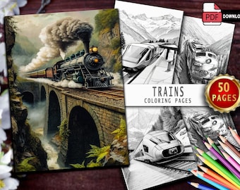 50 kleurplaten trein: fantasieillustraties in grijstinten (afdrukbare pdf)