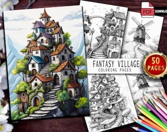 Libro para colorear de 50 pueblos fantásticos: páginas en escala de grises (PDF imprimible)