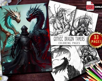 Libro para colorear de Domadores de Dragones Góticos / Arte de Fantasía Oscura (PDF imprimible)