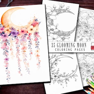 Puede incluir: Una colección de páginas para colorear con diseños de luna creciente y flores. Una página muestra una luna creciente en acuarela con flores rosas, moradas y melocotón. Las otras páginas son dibujos lineales en blanco y negro. El texto "35 BLOOMING MOON COLORING PAGES" es visible.