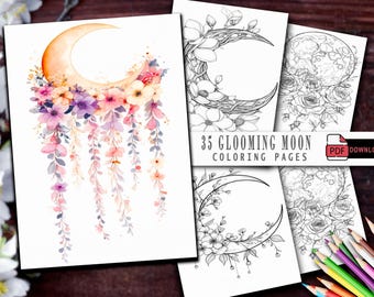 Blooming Moon Coloring Book | 35 Celestial Floral Designs (PDF Pattern)
