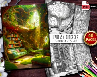 Fantasy Interior Coloring Pages | 50 Printable Grayscale Designs for Adults & Kids | Instant Download PDF Coloring Book