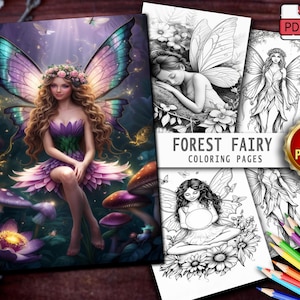 25 Enchanted Forest Fairy Coloring Pages – Printable Grayscale Coloring Book for Adults and Kids | Magical Forest Fantasy Coloring Sheets