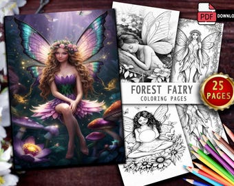 Enchanted Forest Fairy Coloring Book: 25 Grayscale Fantasy Pages (PDF Pattern)