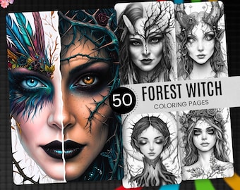 May include: A digital collection of 50 Forest Witch coloring pages featuring a split-face portrait with one side showing vibrant blue feathers and the other side showing dark thorns, alongside four black and white line art illustrations of mystical beings.