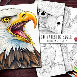 May include: A vibrant illustration of an eagle's head with a yellow beak and open mouth, showcasing detailed feathers. The image is part of a set of 30 coloring pages, with additional black and white eagle illustrations and colored pencils.