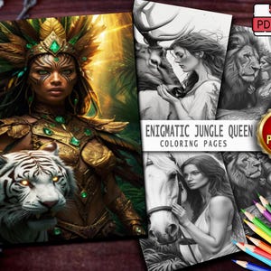 50 Jungle Queen Grayscale Coloring Pages: Fantasy Art (PDF & JPG)