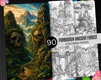 90 Dark Fantasy Forest Coloring Pages, Enchanted Woodland Ruins, Mystical Creatures (Digital Download)