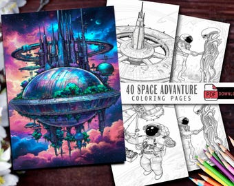 Space Adventure Coloring Pages, Grayscale Illustrations (PDF Download)
