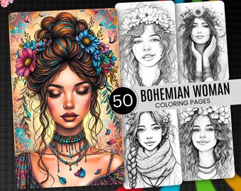 50 Bohemian Woman Coloring Pages: Grayscale Art Therapy (PDF)