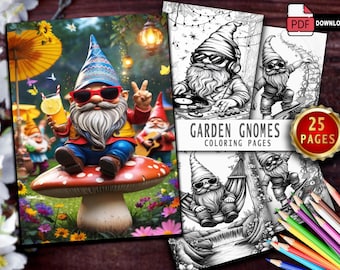 25 Garden Gnome Coloring Pages: Grayscale Illustrations (Printable PDF)