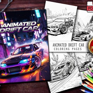 Puede incluir: Una portada de libro para colorear que presenta un coche de deriva animado morado y negro con llamas en el lateral. El texto de la portada dice "Animated Drift Car" y el libro incluye 25 páginas para colorear.