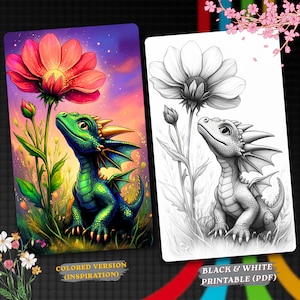May include: A digital illustration featuring a green dragon with yellow horns and wings next to a large pink flower. Beside it is a black and white line art version of the same scene. Text labels read Colored Version (Inspiration) and Black & White Printable (PDF).