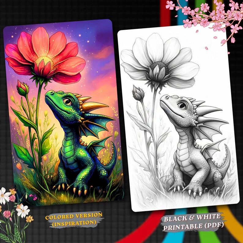 May include: A digital illustration featuring a green dragon with yellow horns and wings next to a large pink flower. Beside it is a black and white line art version of the same scene. Text labels read Colored Version (Inspiration) and Black & White Printable (PDF).