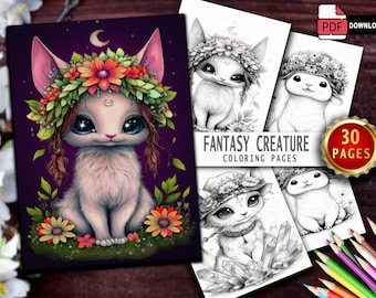 30 Cute Fantasy Creature Coloring Pages | Kawaii Magical Creatures Coloring Book | Grayscale Printable PDF for Kids & Adults