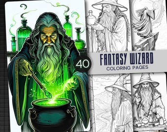 Fantasy Wizard Coloring Book – 40 Grayscale Pages, Magic Spells (PDF Download)
