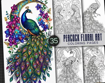 35 Peacock Floral Art Coloring Pages, Nature Inspired Relaxation Sheets (Digital Download)
