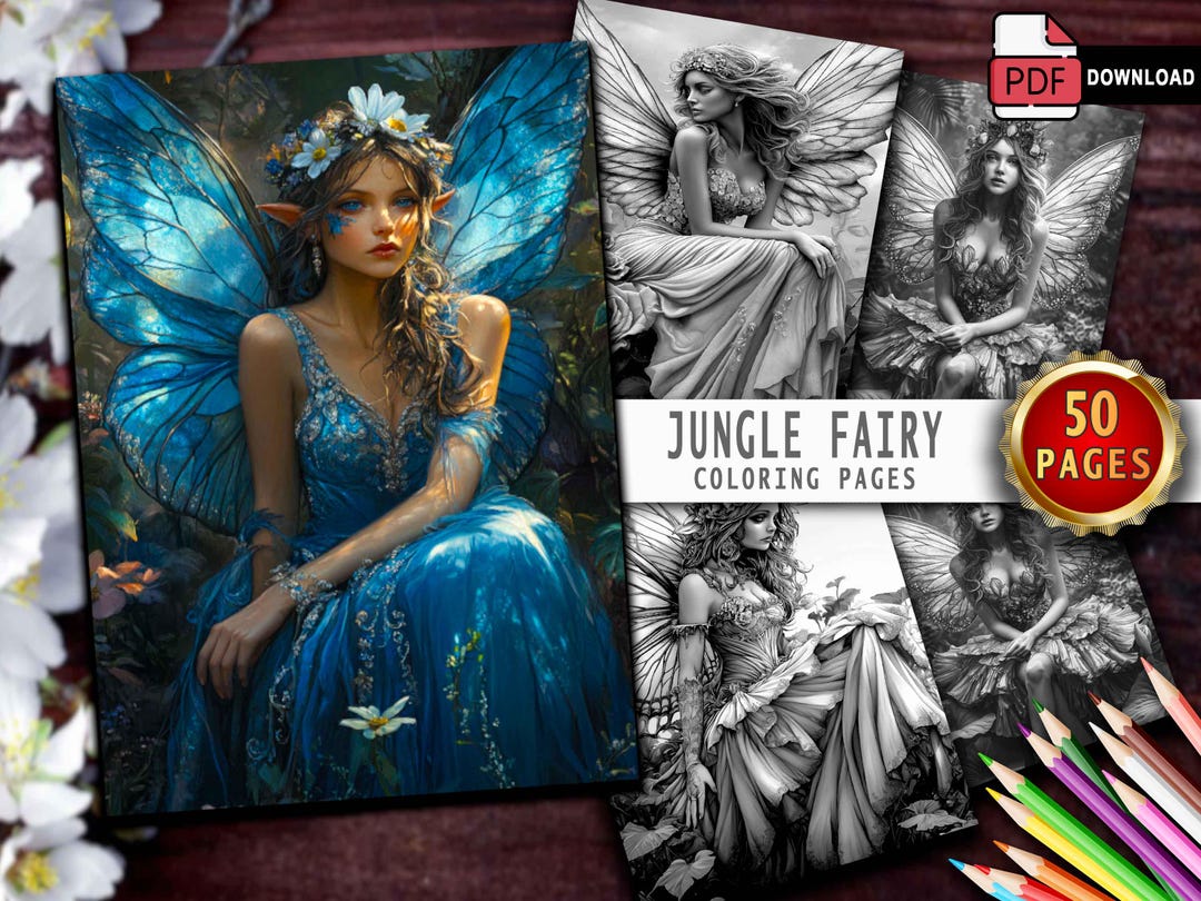 Jungle Fairy Coloring Book: Greyscale Whimsical Fantasy (PDF Download