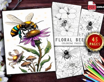 45 Floral Bee-kleurboek: grijswaardenpagina's (afdrukbare pdf)