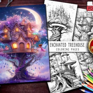50 Enchanted Treehouse Coloring Book - Adult Coloring Pages | Grayscale Coloring Sheets | Instant Download | Printable PDF File.