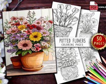 50 Potted Flowers Coloring Pages: Relaxing Greyscale Art (Digital Download PDF)