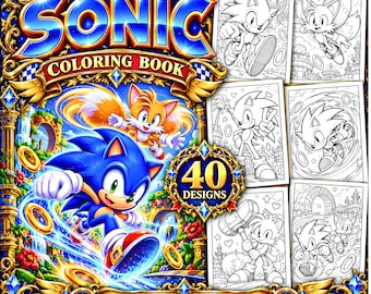 Pode incluir: Um livro de colorir do Sonic com 40 desenhos do Sonic the Hedgehog e do Tails. A capa apresenta um Sonic azul vibrante e um Tails laranja numa paisagem com anéis dourados, enquanto à direita são mostradas seis páginas a preto e branco.