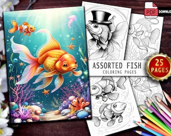 Fish Coloring Book: 25 Underwater Grayscale Art Pages (PDF Download)