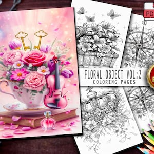 Libro para colorear de objetos florales / Arte botánico en escala de grises (PDF imprimible)