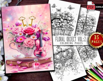 Floral Objects Coloring Book | Grayscale Botanical Art (Printable PDF)