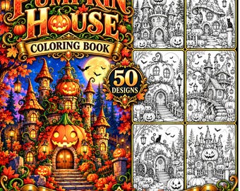 May include: A Pumpkin House coloring book featuring 50 designs. The cover displays a vibrant, colorful illustration of a large pumpkin-shaped castle surrounded by autumn leaves, while the right side shows six black and white line art pages.