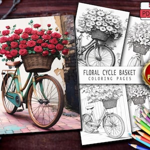 Kleurplaten Fiets met bloemenmand - 25 afdrukbare kleurplaten - digitale download voor volwassenen en kinderen, ontspannend en leuk