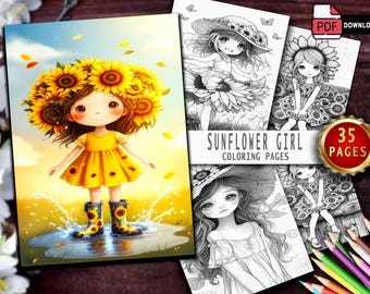 ひまわりの女の子の塗り絵 | 35ページの花のファンタジー（印刷可能なPDF）