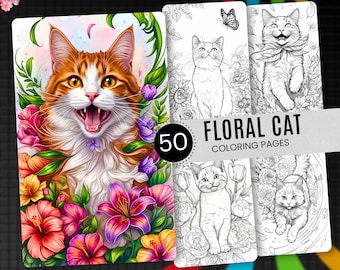 50 Floral Cat Coloring Pages for Adults, Botanical Kitty Designs (Digital Download)