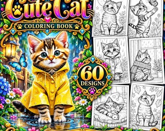 May include: A coloring book titled Cute Cat Coloring Book featuring 60 designs of kittens. The cover displays a tabby kitten in a yellow raincoat standing in the rain near flowers and a blue butterfly. Six black and white kitten illustrations are shown.