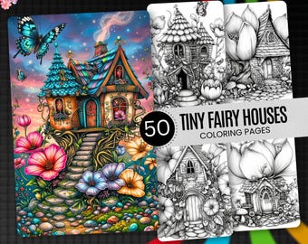 50 páginas para colorear de casas de hadas florales para adultos – Diseño mágico fantástico / Descarga instantánea en PDF