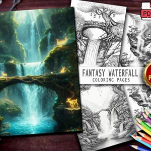 50 Fantasy Waterfall Coloring Pages: Grayscale Art for Adults & Kids (Digital Download)
