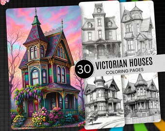 30 Victorian House Coloring Pages: Grayscale Coloring Book (Printable PDF)