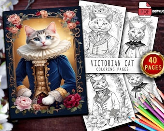 40 Victorian Cat Coloring Pages: Printable Vintage Illustrations (Digital Download PDF)