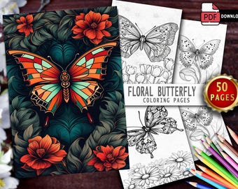 50 Floral Butterfly Coloring Pages: Grayscale Adult Designs (Printable PDF)