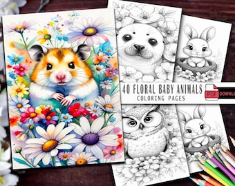 40 Floral Baby Animal Coloring Pages,  Grayscale Designs (Printable PDF)
