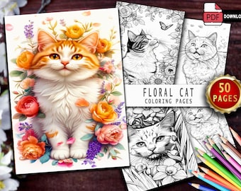 50 Floral Cat Coloring Pages: High-Resolution JPG (Digital Download)