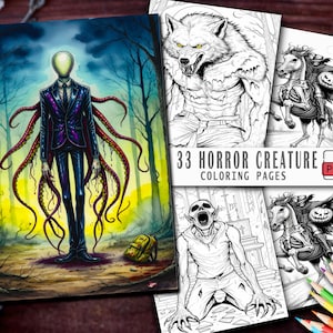 May include: A collection of horror-themed coloring pages. The cover art features a watercolor illustration of a tall, slender figure with tentacles. The pages include illustrations of a werewolf, a zombie, and a skeletal horse with a pumpkin head. The text reads "33 HORROR CREATURE COLORING PAGES".