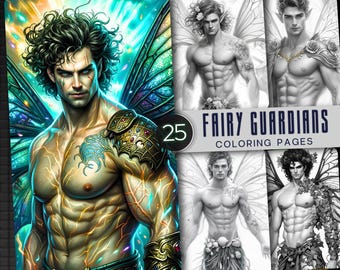 25 Male Guardians Grayscale Coloring Pages, Fantasy Warrior Printable PDF (Digital Download)