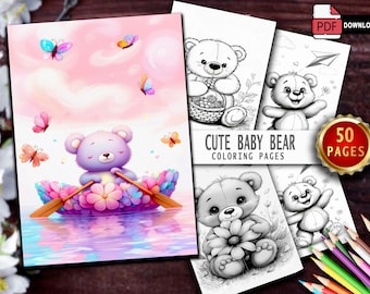 50 adorables dibujos de ositos para colorear / Libro para colorear de ositos en escala de grises para adultos y niños / Dibujos imprimibles de ositos bebés, ositos felices y ositos de verano