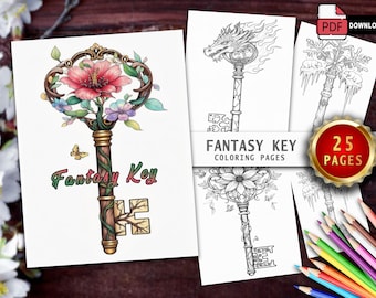 Dibujos para colorear de llaves de fantasía: 25 diseños en escala de grises (PDF imprimible)