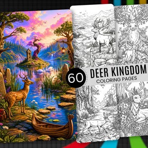May include: A collection of 60 Deer Kingdom colouring pages featuring a vibrant, full-colour illustration of a deer standing by a lake with a wooden boat, alongside black and white line art designs of deer in various forest landscapes.