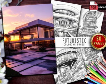 Futuristic House Coloring Book: 50 Grayscale Architecture Pages (Printable Digital Download)