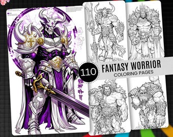 110 Fantasy Warriors Coloring Pages, Epic Heroes, Mythical Creatures (Digital Download)