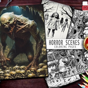 Pode incluir: Um conjunto de páginas para colorir com tema de terror. Uma página apresenta uma figura monstruosa em meio a crânios, enquanto outras mostram cenas assustadoras com bonecas, árvores e um carrossel. O conjunto inclui 40 páginas.