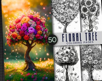 50 Floral Tree Coloring Pages: Grayscale Adult Coloring Book (PDF)